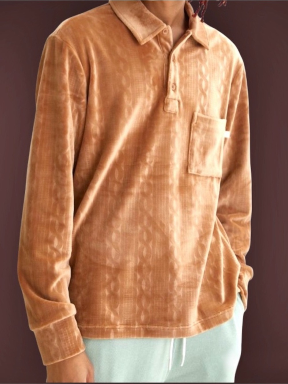 Urban Outfitters Standard Cloth Debossed Velour Polo Tan Textured Shirt Men’s M